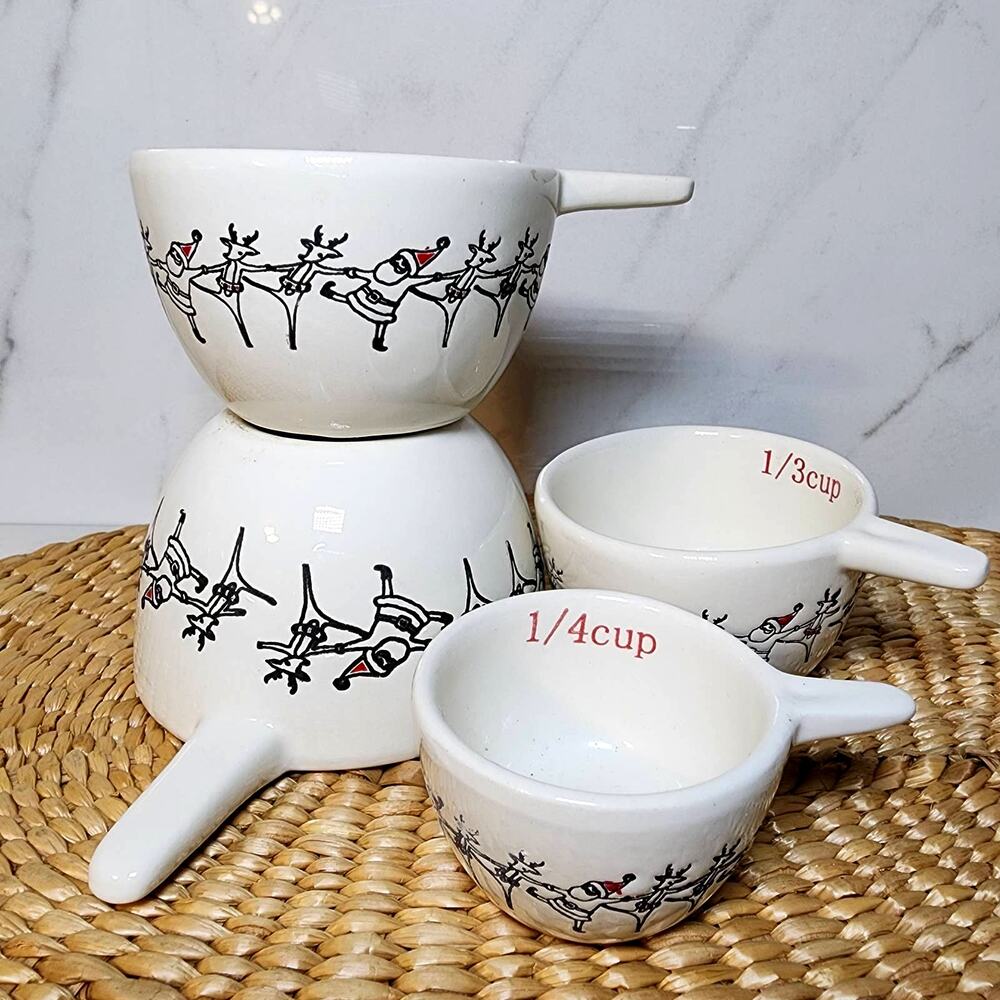 NEW! Arlington Designs Holiday Dancing Santa and Reindeer Ceramic Measuring Cups